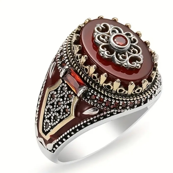 Crown Ring Engraved Eagle Print Red Synthetic Gemstone Ring Size 6 - Picture 5 of 6